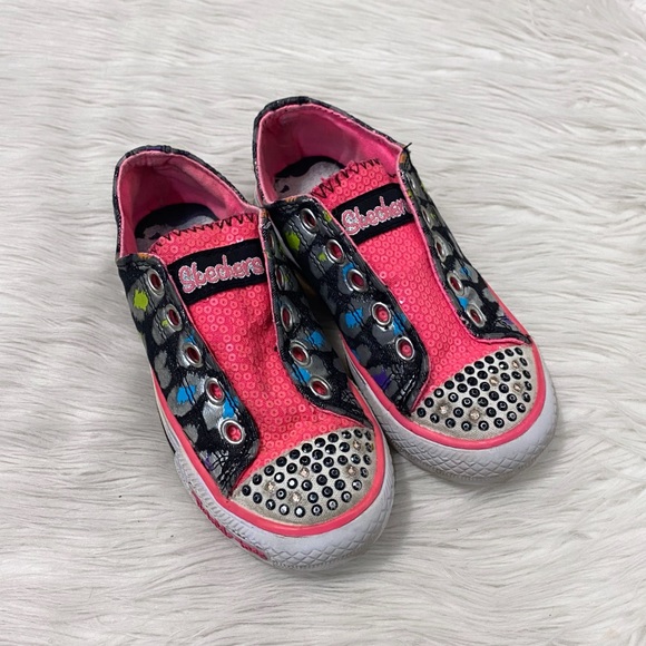 Skechers Twinkle Toes Girls Pink Sequins Gray Cheetah Rainbow Slip On Sneakers - Picture 1 of 9